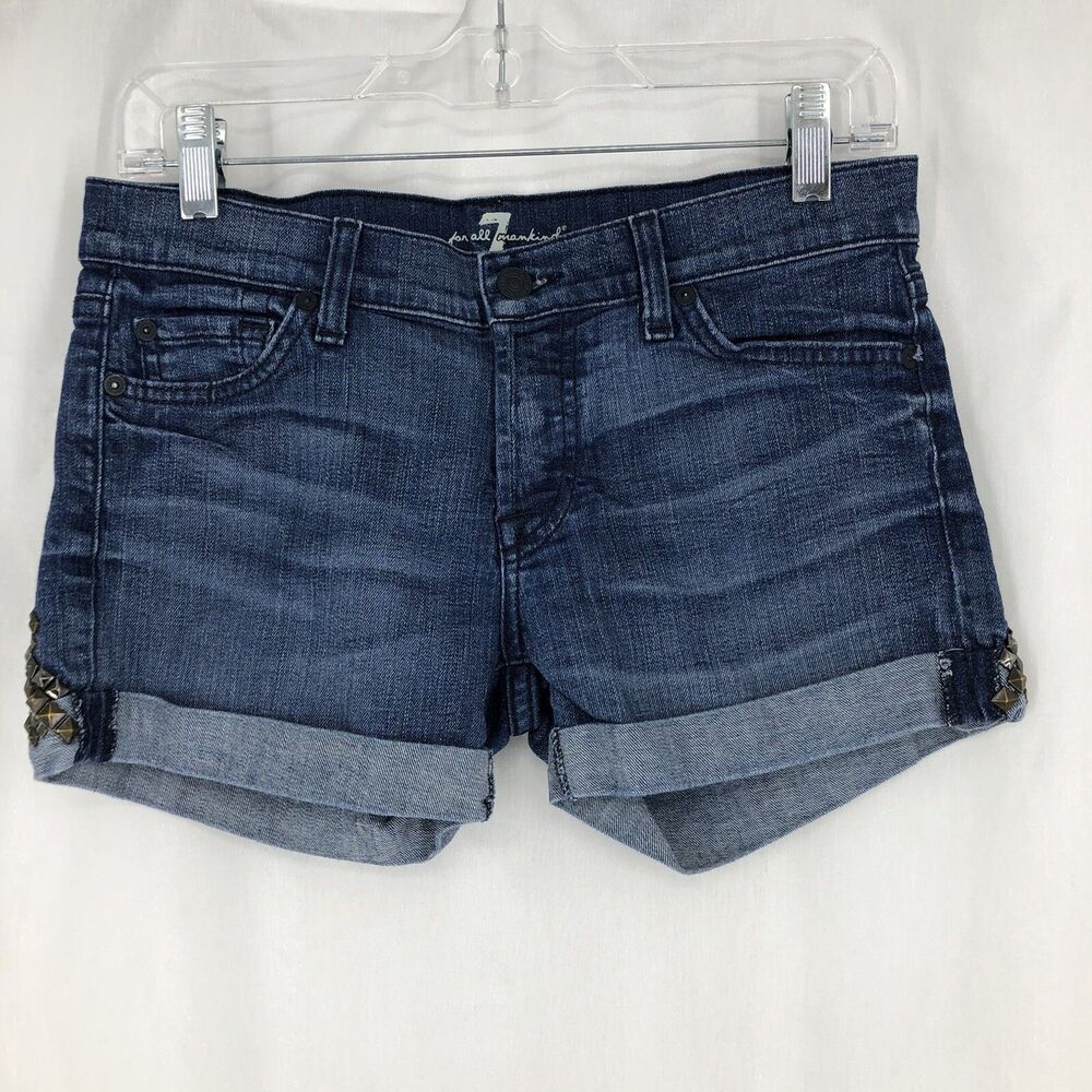 7 For All Mankind Button Fly Studded Cuffed Denim Blue Jean Shorts Sz 25 USA